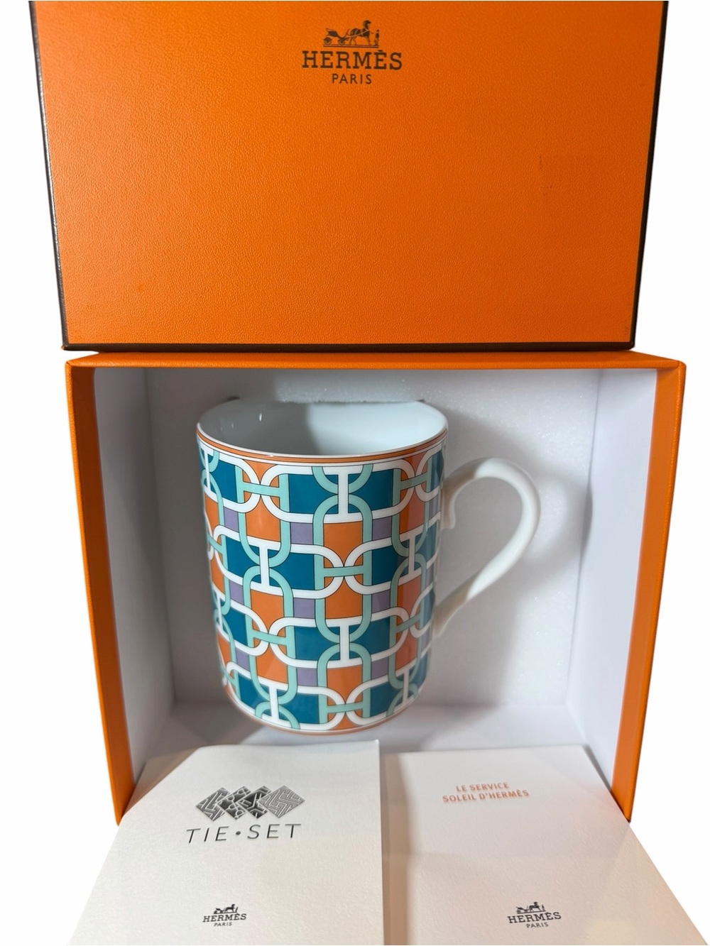 Hermes Multicolor Chain-Link Porcelain Mug — Teal, Orange, Light Blue